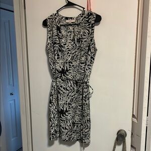 LOFT Black and White Leaf-Print Sleeveless Mini Wrap Dress